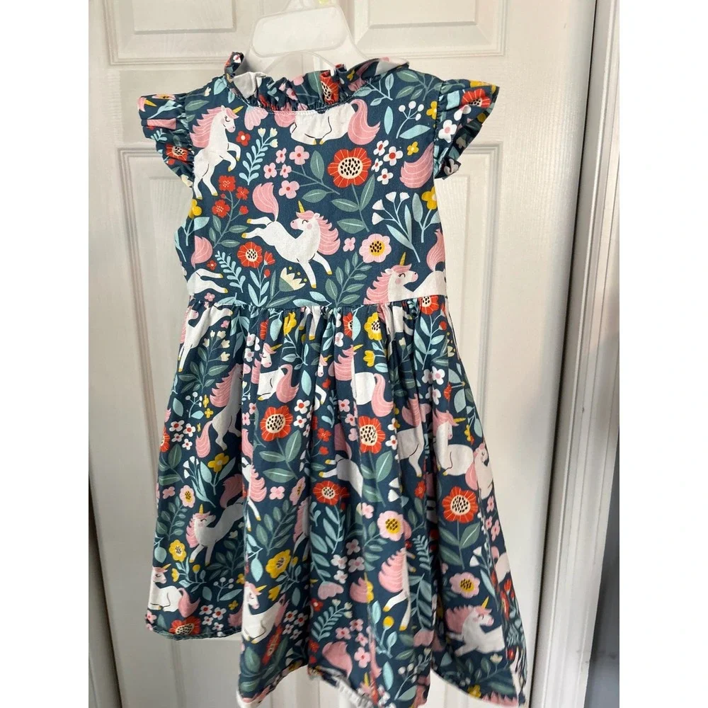Little Miss Marmalade Girls Unicorn Floral Ruffle Dress Navy Blue Button‎ Front